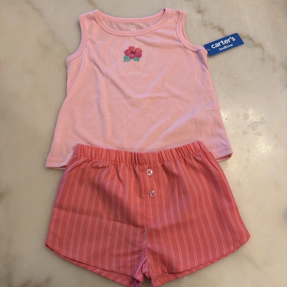 Carter's Bedtime Girls 2-piece Flower Tank & Short Summer Pajama Set Sz 5 Pink